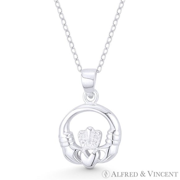 Irish Claddagh & Heart Celtic Luck Charm Pendant in .925 Sterling Silver - Picture 1 of 1
